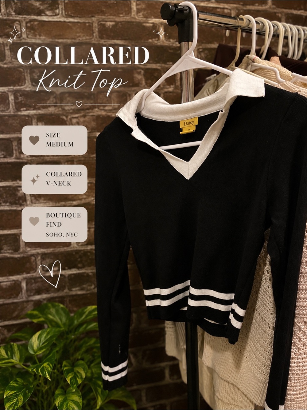 Daisy Black & White Collared V‑Neck Knit Top